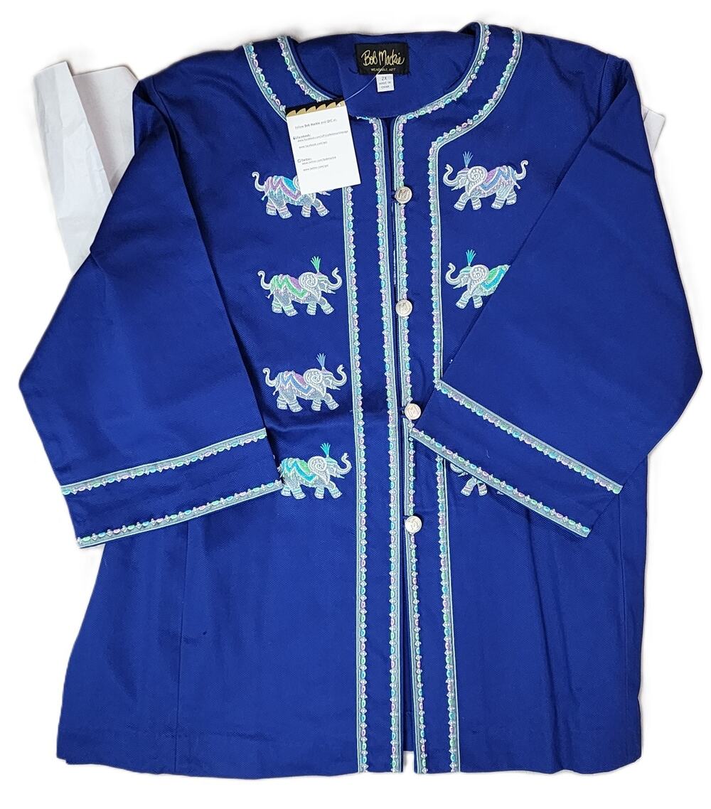 Bob Mackie Elephant Embroidered Jacket Women 2X Silver Buttons Royal Blue